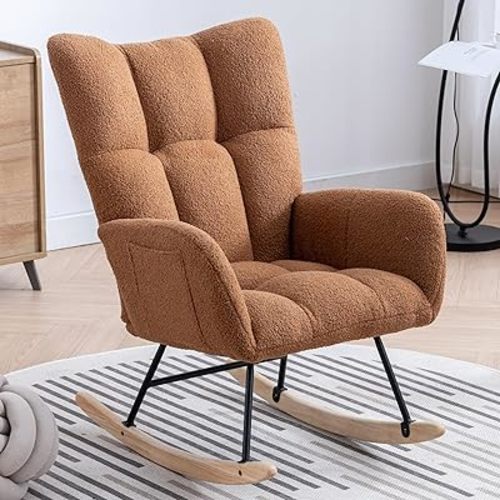 Rocking Chair Nursery, Teddy Upholstered Glider Rocker with High Backrest, Reading Chair Modern Rocking Accent Chairs Glider Recliner for Living Room, Nursery, Bedroom,Brown