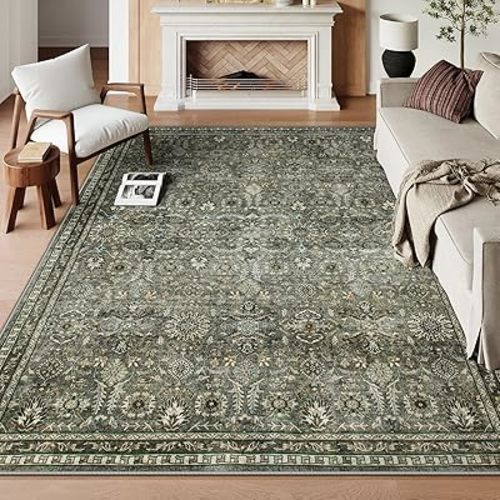 Lahome Green 8x10 Rugs for Living Room, Boho Washable Area Rugs for Bedroom, Rubber Backed Non Slip Floor Carpets for Dining Room Home Apartment, Dark Olive Green
