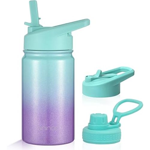 Mininoo Insulated Kids Water Bottle, 12 oz Stainless Steel Water Bottle Kids with Straw Lid and Chug Lid for Girls, Boys (Aurora)