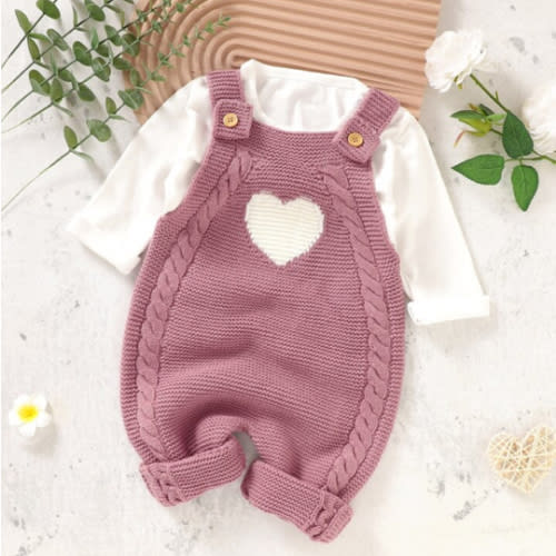 Baby Girl 1pc Heart Pattern Cable Knit Sweater Overalls | SHEIN USA