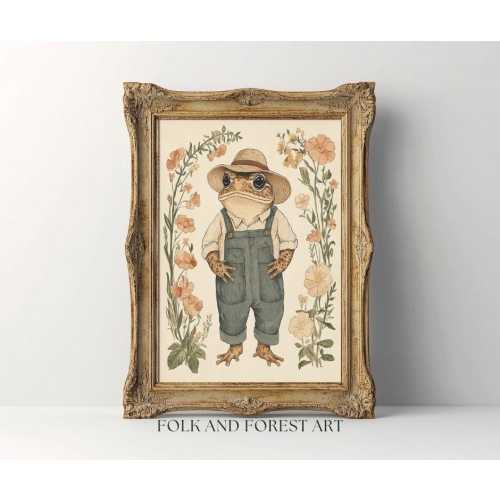 Toad in Overalls Folk Art Print - Whimsical Cottagecore Animal Wall Art, Cozy Nursery or Farmhouse Decor, Digital Download