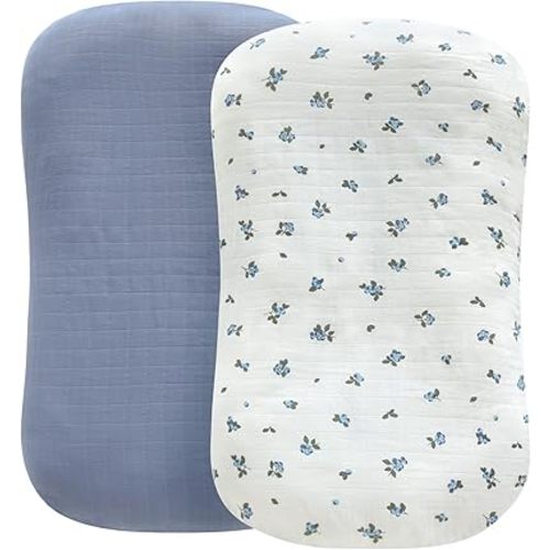 LifeTree Muslin Baby Lounger Cover Neutral, Newborn Slipcover Lounger Cover for Boys Girls Infant, Soft Organic Cotton, Cover Only, Blueberries and Mist Blue, 30.7in x 20in