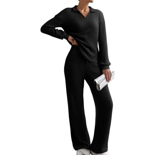 EVALESS Womens Pajama Sets Long Sleeve Sleepwear Matching Drawstring Elastic Pj Pants Ribbed Knit 2 Piece Lounge Set