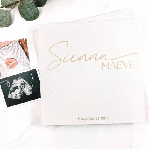 Personalized Baby Book - Hardcover Customized First Years Keepsake Journal - 10.25 inch Square - Cream Fabric - 2025 Edition