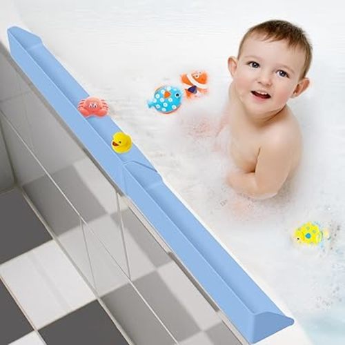 Splash Guard for Bathtub, 3.8" x 3.6" Silicone Bath Tub Splash Guard with 6 Suction Cups, Bathtub SplashGuard Play Shelf Area for Kids with 3°Drainage Slope for Faster Drying - 2 Packs Blue