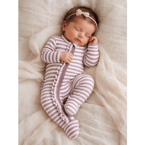 Violet Stripe / Ribbed Frill 2-Way Zip Footie