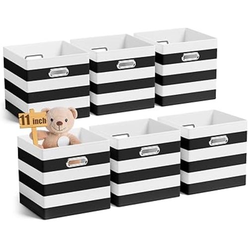 CroBlissful 6 Pcs 11 Inch Fabric Storage Cubes with Metal Handle Back to School Classroom Supplies Black and White Striped Style Collapsible Bins Organizer for School Nursery Shelves Clothes Gift