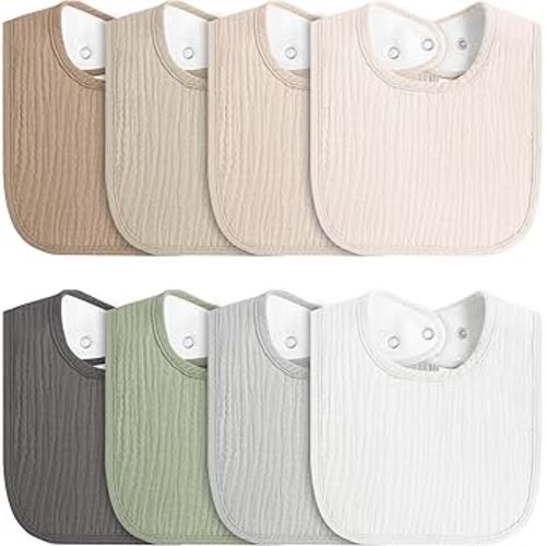 8-Pack Baby Muslin Bibs, Soft Cotton Drool Bibs for Boys Girls, Adjustable and Absorbent Newborn Bib Set for Feeding and Drooling