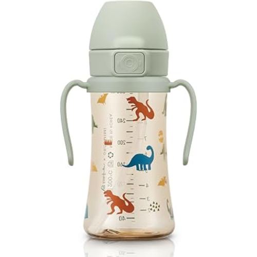 GROSMIMI Flip Top Spill Proof Sippy Cup, PPSU, BPA Free, 10 oz, Stage 2 Straw for Toddlers (Dinosaur)
