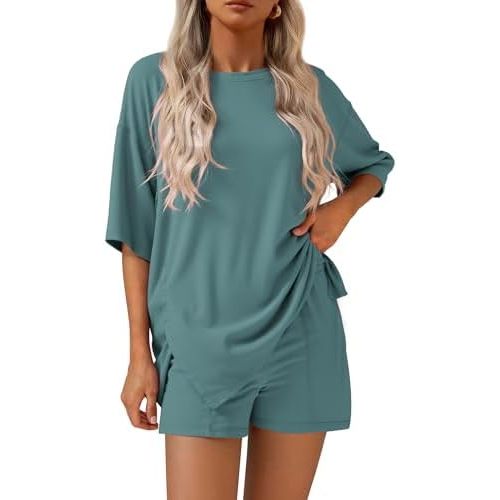 KIRUNDO 2 Piece Sets for Women Summer Lounge Sets Casual Oversized Tshirts Shorts Matching Airport Travel Outfit Postpartum