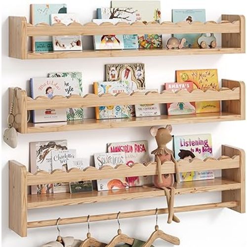 Nursery Book Shelves, Scalloped Shelves, Floating Book Shelves for Wall, Nursery Deocr for Baby, Toddler(Wood, 23 Inches)
