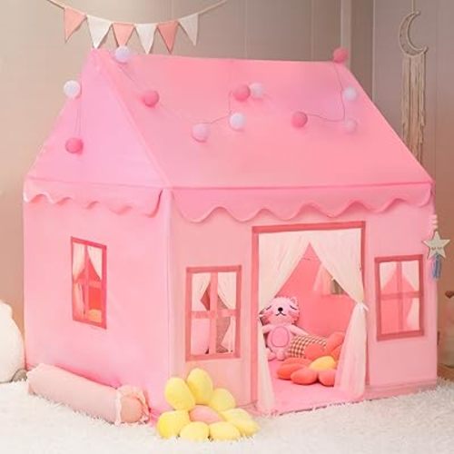 RONGFA Large Kids Tent Playhouse Padded Mat with Star Lights, Flags and Tote Bags, Play Tent Indoor & Outdoor, Washable Teepee Tent for Boys & Girls, Kids Play House for Toddler（Pink）