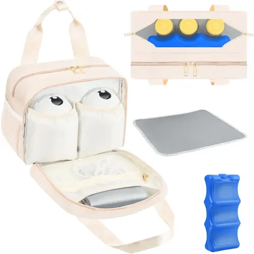PIIOSER Breastmilk Cooler Bag with Ice Pack, Compatible with Wearable Breast Pumps & Accessories - Portable Pumps Carrying Case for Nursing & Working Moms, Cream