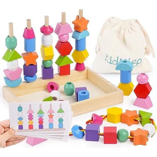 Montessori Toy, Lacing & Stacking Beads with Canvas Storage Bag