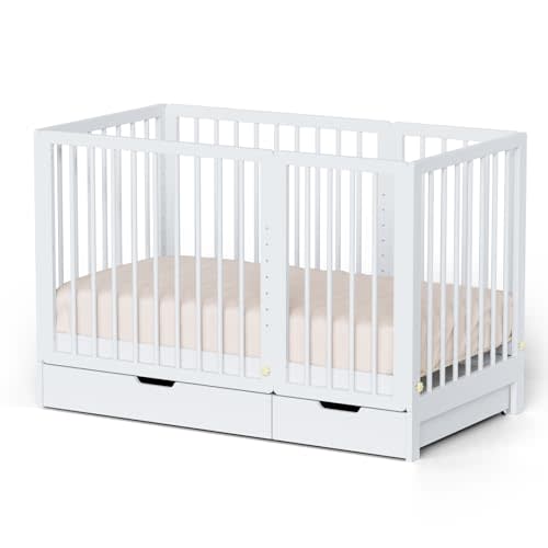 JOYMOR 8-in-1 Convertible Crib with Drawer, Include 2" Mattress, Convert from Mini Crib, Mid Crib to Full Crib, 8 Height Adjustable, Undercrib Storage Drawers (White)