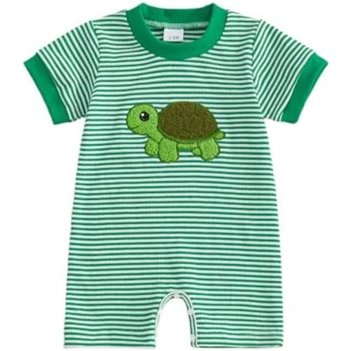 Newborn Baby Boy Summer Outfit Turtle Embroidery Waffle Striped Romper Short Sleeve Jumpsuit Infant One Piece Cothes