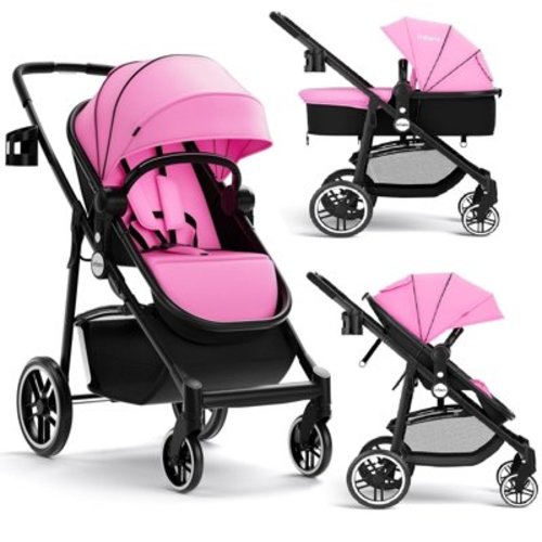 OLAKIDS 2 in 1 Baby Stroller, High Landscape Infant Stroller and Reversible Bassinet Pram, Foldable Pushchair with Adjustable Canopy, Cup Holder, Storage Basket, Suspension Wheels (Pink)