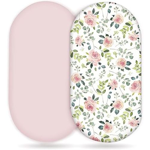 GRSSDER Stretchy Ultra Soft Baby Fitted Bassinet Sheet Set 2 Pack, Universal Cradle for Rectangle, Oval, or Hourglass Pad/Mattress, Pink Rose Sheets Girls