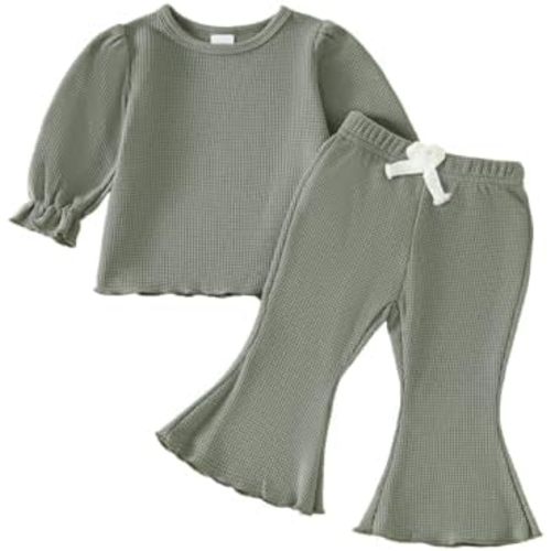 Baby Girl Fall Outfit Toddler Girl Winter Clothes Baby Lantern Sleeve Tops and Flared Pants 2pcs Waffle Clothing Set