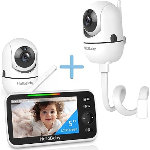 HelloBaby Baby Monitor 2 Cameras with Mount, Upgrade 5’’ Screen 26-Hour Battery Life, Crib Baby Monitor Mount Without Tools or Wall Damage