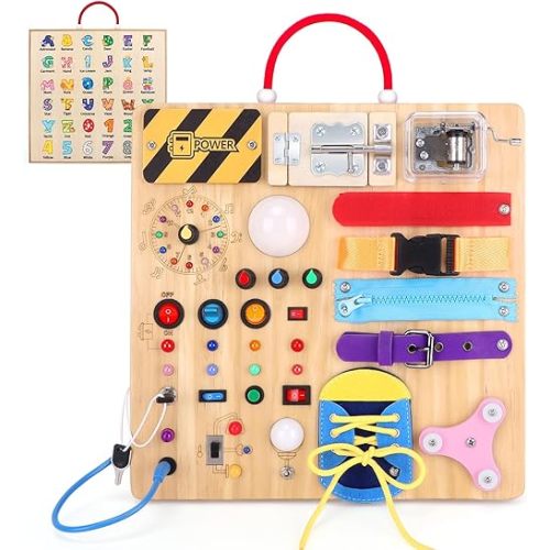 Busy Board,Montessori Toys for 1-3 Years Old, Wooden Toddler Toys, Autism Sensory Travel Toys, Ideal Gift for 1+ Year Old Boys (Busy Board Plus v3)