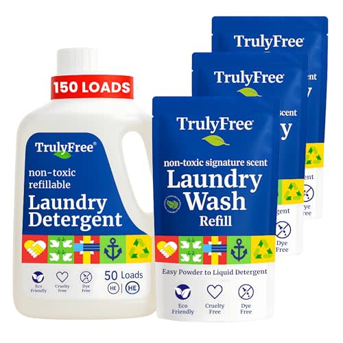 Truly Free Natural Laundry Detergent for Sensitive Skin | Eco Friendly, Plant Based, Baby Clothes Safe | Clean & Easy Powder to Liquid, 3 Pack Detergent + 1 Refillable Jug | Signature Scent 150 Loads