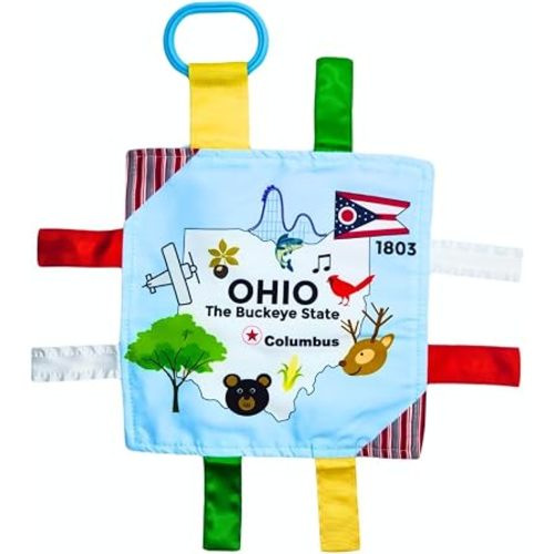 Baby Jack & Co 8x8” Learning Lovey Ohio State Tag Stroller Toy for Babies - Crinkle Toys for Developing Five Senses - Learn About Capitals - Travel with Baby Jack - BPA Free Clip