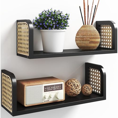 Black Rattan Shelf Set of 2, Nursery Shelves Wall Mounted, Natural Hanging Bookshelf Storage, Boho Decorative Floating Shelves for Kids Room, Living Room, Play Room, Bedroom, Home Decor