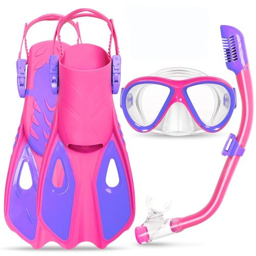 Kids Mask Fins Snorkel Set, Dry Top Snorkeling Gear for Kids Youth Boys Girls Junior Age 5-15 Tempered Glass Snorkel Mask Set Panoramic View Snorkeling Packages
