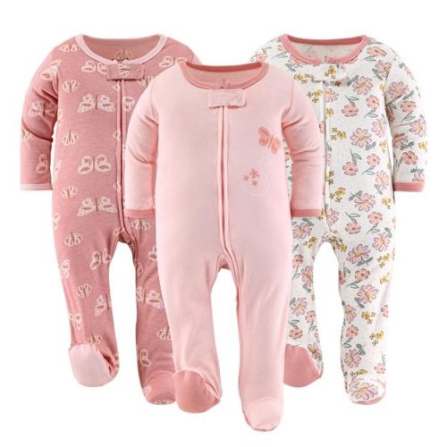 The Peanutshell Boho Butterfly Footed Baby Sleepers for Girls, 3 Pack, Newborn, Pink