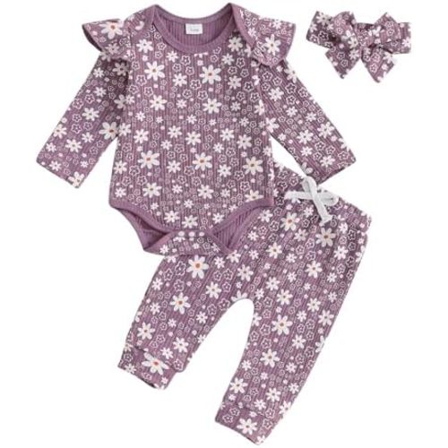 Newborn Baby Girl Outfits Flower Ribbed Ruffle Long Sleeve Romper Pant Headband 3Pcs Infant Fall Winter Clothes Set