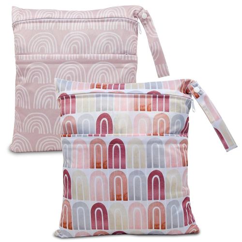 2pcs Cloth Diaper Wet Dry Bags Waterproof Reusable with Two Zippered Pockets Travel Beach Pool Daycare Soiled Baby Items Yoga Gym Bag for Swimsuits or Wet Clothes-Pink Rainbows