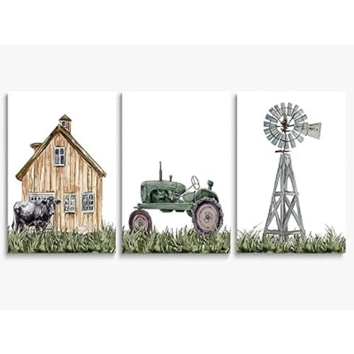 SKYSUKEY Barnyard Rustic Farm Nursery Decor Set of 3 Farmhouse Prints Watercolor Barn Green Tractor Windmill Farmhouse Nursery Room Wall Decor for Baby Boy Framed Canvas Wall Art 12"x16"