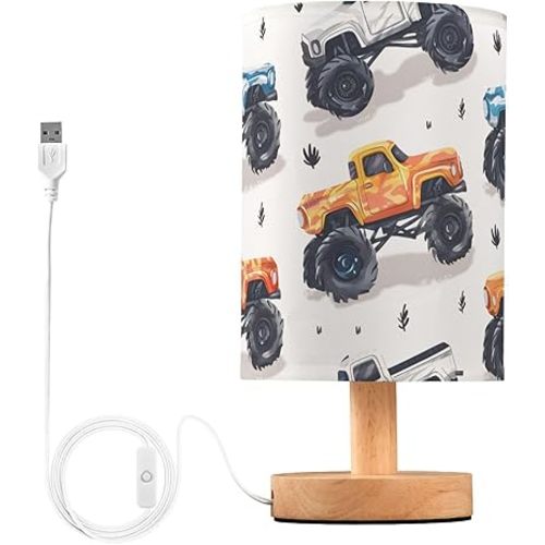 Bedside Lamp Monster Trucks White Lamp for Girls Boys Bedroom, Table Lamp with USB Port, Kids Nightstand Lamp Wood Base Room Desk Lamp (LED Bulb Included)