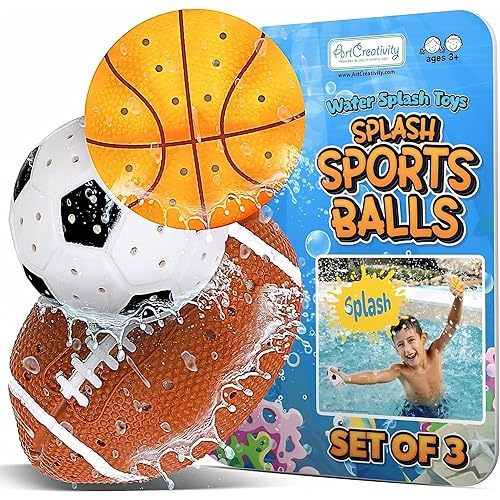 ArtCreativity Pool Toys for Toddlers 1-3, Splash Sports Balls Water Toys, 3 Different Athletic Water Ball Designs Include Football, Basketball & Soccer Ball, Spongy Pool & Bath Toys for Kids Ages 4-8