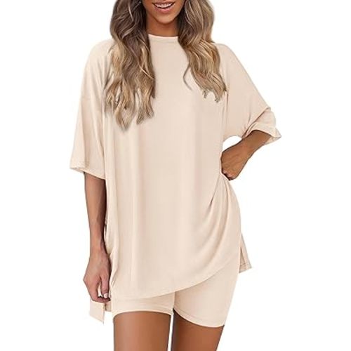PRETTYGARDEN Women's Two Piece Lounge Set 2025 Summer Casual Oversized Shirts Biker Shorts Matching Airport Travel Outfit