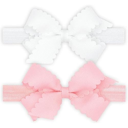 Wee Ones Girls Two Mini Scallop Bows With Bands, Mini, White/Pink