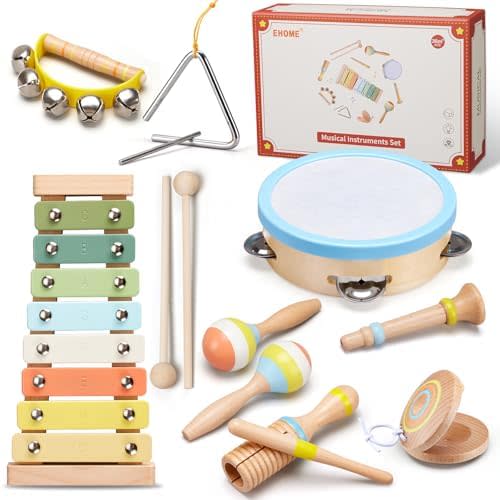 Baby Musical Instruments Set Montessori Wooden Music Toys for Toddlers 3 4 5 Neutral Color Percussion Music Kit with Drum, Xylophone,Storage Bag, Birthday Preschool Learning Gift for Boys Girls