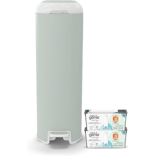 Platinum Diaper Pail Sage Green, Made of Durable Stainless Steel, Convenient Easy to Use Hands-free Operation, Odor-Locking Pail, includes 2 Easy Roll Refill with 18 and 30 Durable Bags