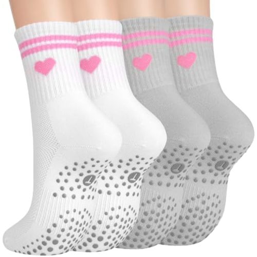 Toes Home Pilates Socks for Women with Non Slip Grippers, Yoga Crew Socks for Barre Hospital Sticky Slipper Socks 4 Pairs
