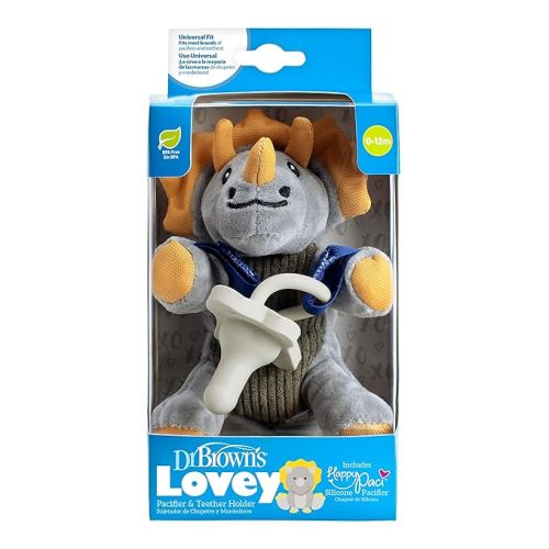 Dr. Brown's Baby Lovey Pacifier and Teether Holder, Triceratops with Gray HappyPaci, 100% Silicone, 0-6m