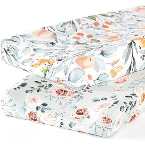 GRSSDER Stretch Ultra Soft Jersey Knit Changing Pad Cover Set 2 Pack, Change Table Pad Covers Fit 32"/34" x 16" Pads Safe and Snug, Stylish Watercolor Flowers and Fruits for Girls