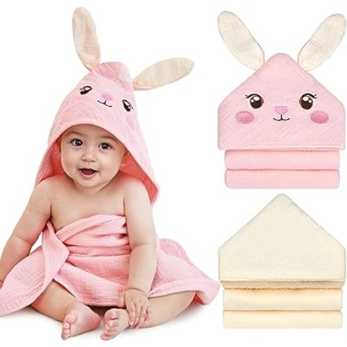 Unicorn Castle Hooded Baby Towels 2Pack 100% Muslin Baby Bath Towels for Newborn Animal Design Ultra-Soft Baby Girl Boy Bath Essentials 30 X 30 Inch, Pink Rabbit- Beige