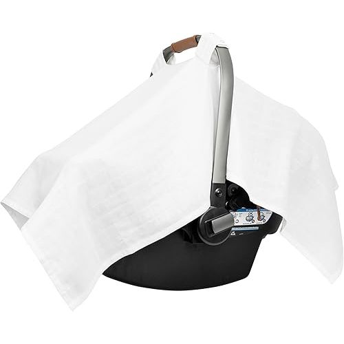 100% Organic Cotton Muslin Car Seat Cover for Babies - Lightweight, Breathable Infant Car Seat Canopy to Protect from Sunlight and Dust - Fits Any Infant Car Seats - 44"x30" (White)