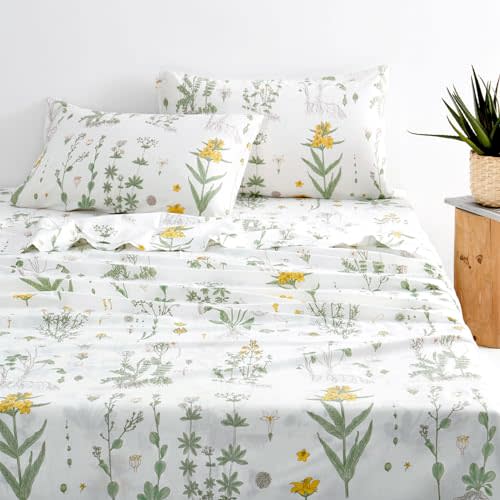 Wake In Cloud - Floral Bed Sheets, 4-Piece Sheet Set, Cute Botanical Shabby Chic Coquette Cottagecore Flower, Soft Microfiber Deep Pocket Bedding, Yellow Green, Full Size