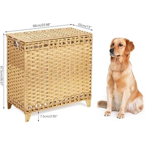 Laundry Hamper with 3 Removable Liner Bags; 132L Handwoven Rattan Laundry Basket with Lid & Heightened Feet; Clothes Hamper with Side Handles; Laundry Sorter with 3 Separate Sections (Natural)