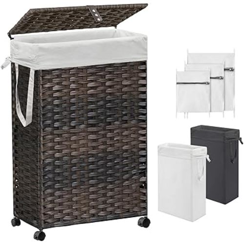 70L Slim Laundry Hamper with Lid & Wheels, Rolling Laundry Basket with 2 Removable Liner Bags & 3 Mesh Bags, Narrow Dirty Clothes Basket, Foldable Handwoven Rattan Laundry Sorter, Brown
