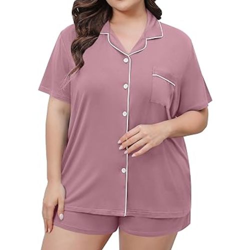 SWOMOG Women's Plus Size Pajamas Set Button Down Tops Short Sleeve Sleepwear Soft Pajama Shorts 2 Pcs Lounge Sets With Pocket