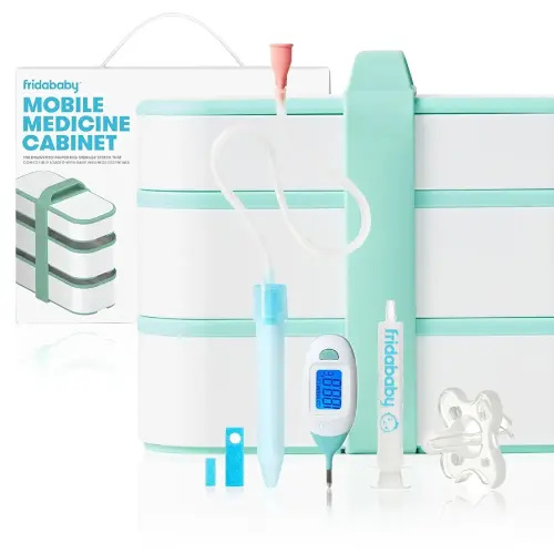 Frida Baby Mobile Medicine Cabinet Travel Kit, Baby Essentials Gift Set Includes NoseFrida Snotsucker, Rectal Thermometer, MediFrida Medicine Dispenser with Portable Carrying Case