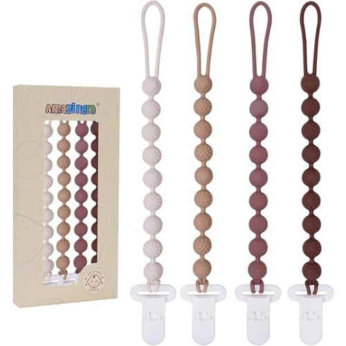 One Piece Design Silicone Pacifier Clip Holder,Pack of 4 Flexible Paci Leash,Binky Clips with Textures for Baby Boys and Girls,Newborn Essential (Brown)